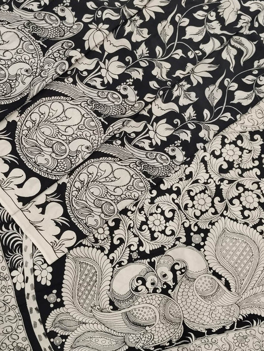 Black And White Hand Painted Kalamkari Chennur Silk Saree - Luxurion World