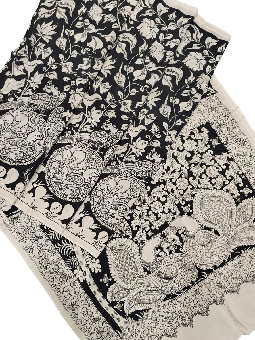 Black And White Hand Painted Kalamkari Chennur Silk Saree - Luxurion World