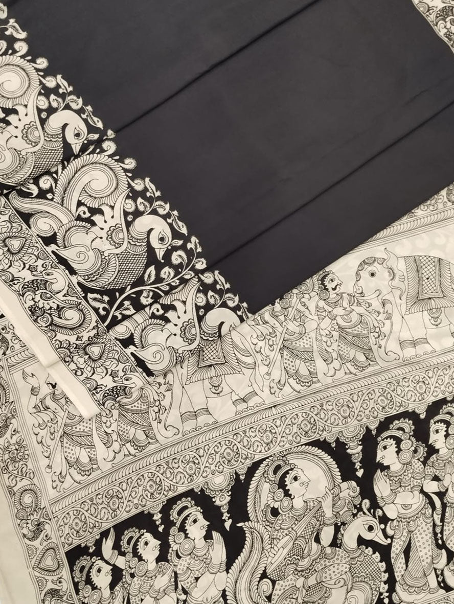 Black And White Hand Painted Kalamkari Chennur Silk Saree - Luxurion World