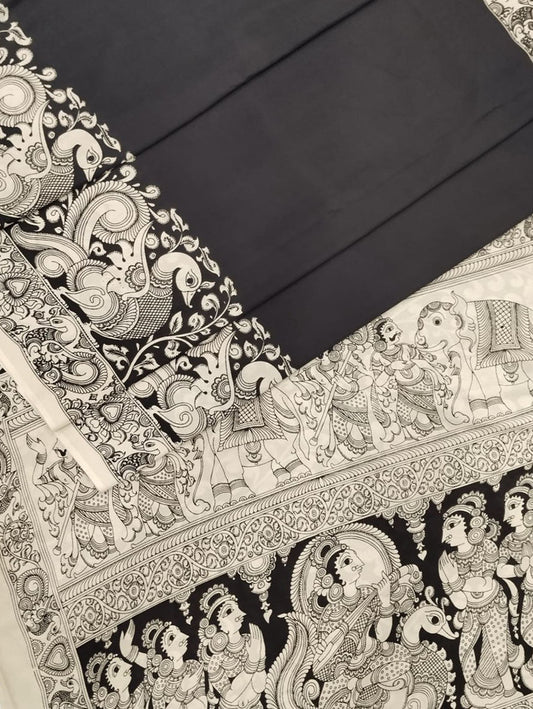 Black And White Hand Painted Kalamkari Chennur Silk Saree - Luxurion World
