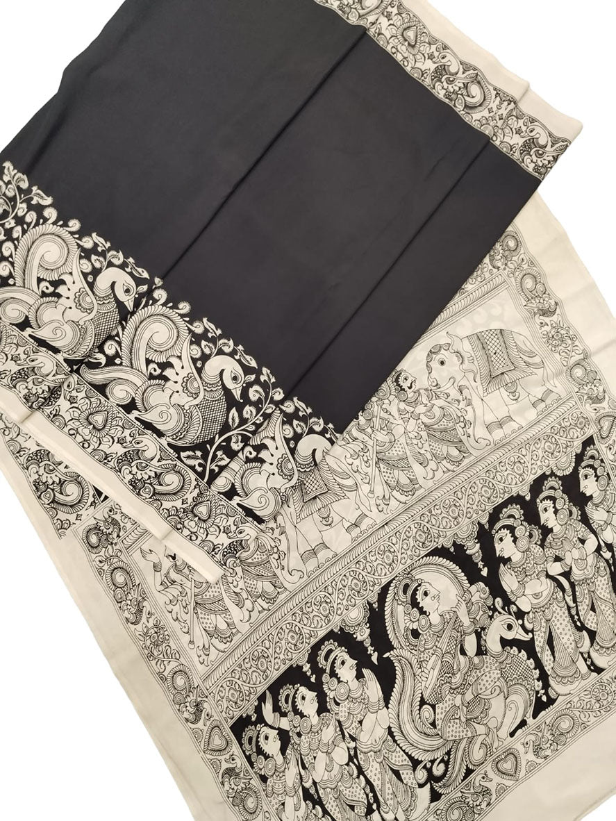 Black And White Hand Painted Kalamkari Chennur Silk Saree - Luxurion World