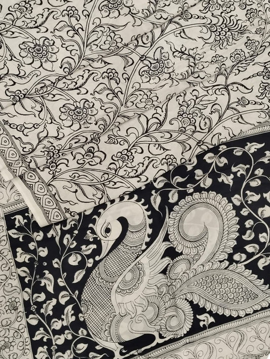 Black And White Hand Painted Kalamkari Chennur Silk Saree