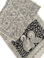 Black And White Hand Painted Kalamkari Chennur Silk Saree - Luxurion World