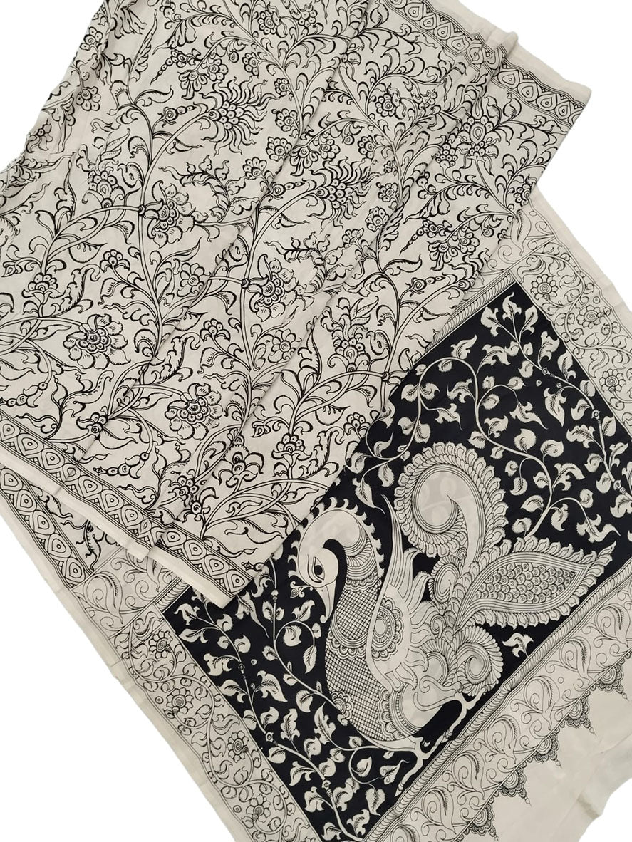 Black And White Hand Painted Kalamkari Chennur Silk Saree - Luxurion World