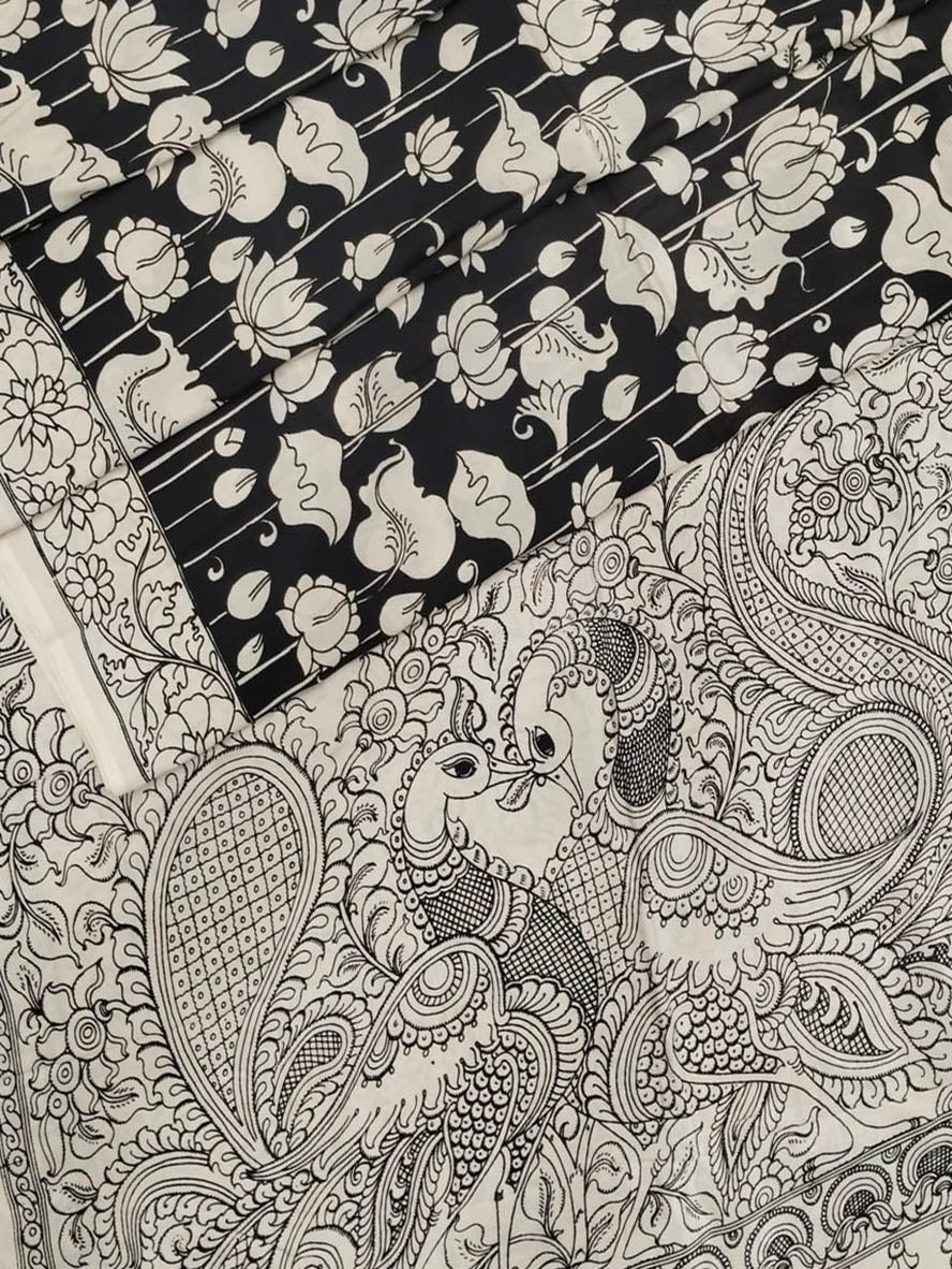 Black And White Hand Painted Kalamkari Chennur Silk Saree - Luxurion World