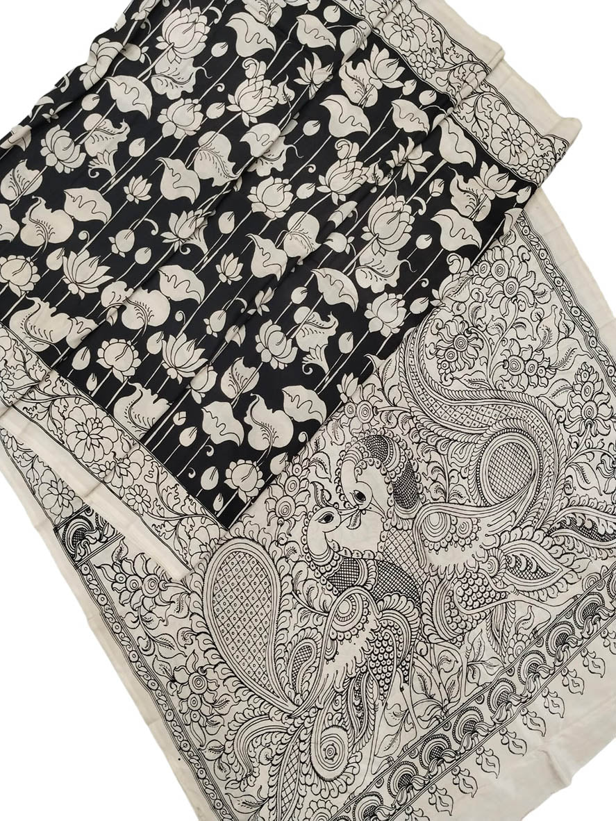 Black And White Hand Painted Kalamkari Chennur Silk Saree - Luxurion World