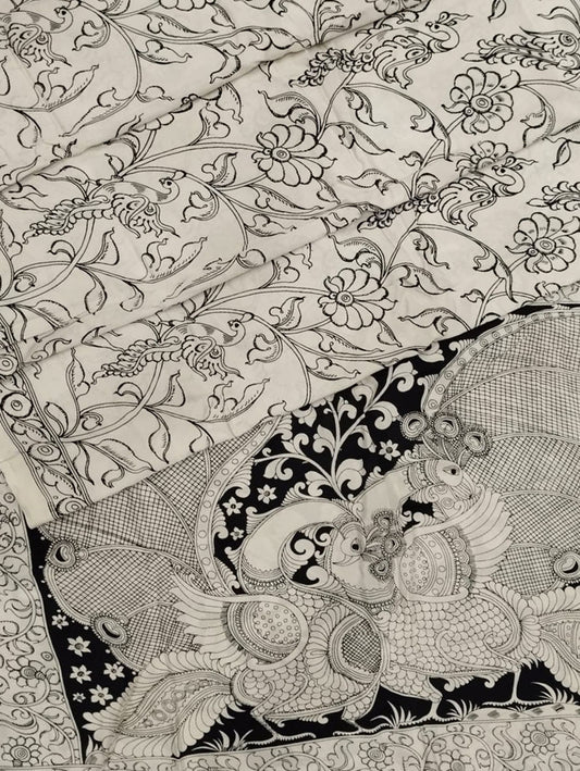Black And White Hand Painted Kalamkari Chennur Silk Saree - Luxurion World