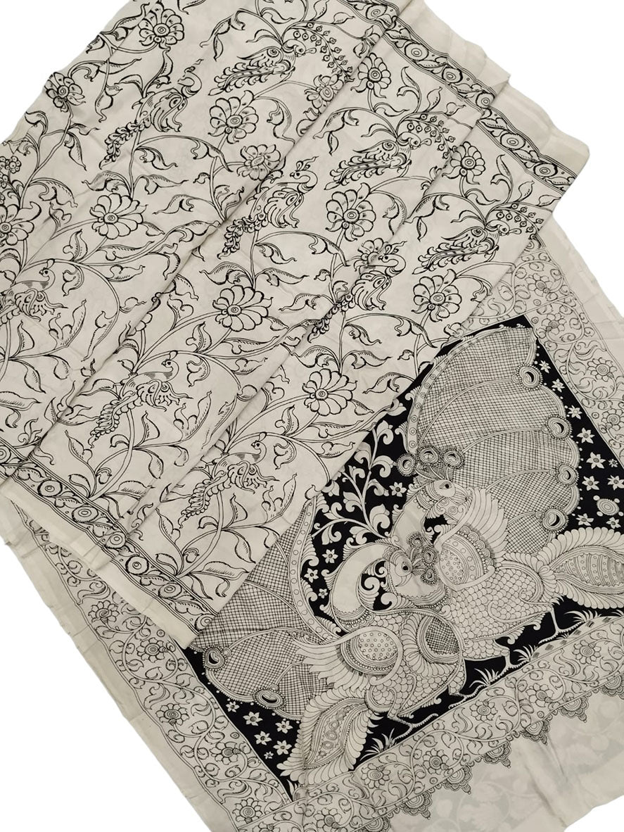 Black And White Hand Painted Kalamkari Chennur Silk Saree - Luxurion World