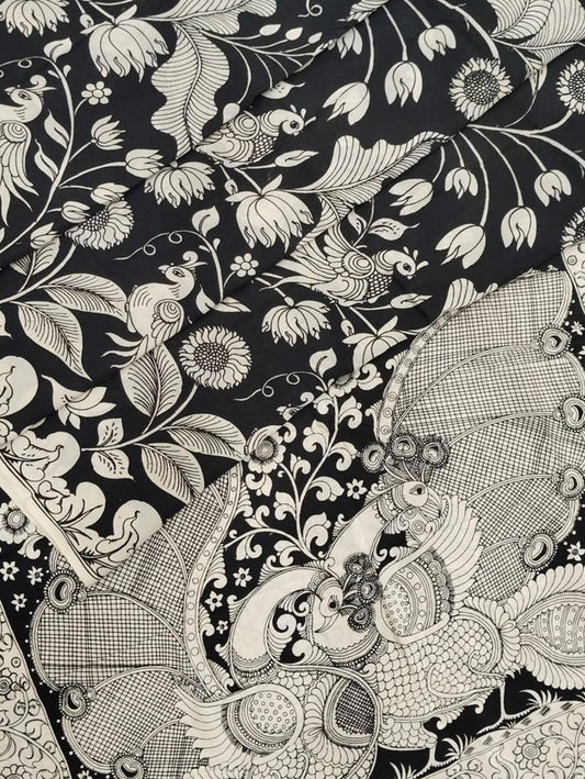 Black And White Hand Painted Kalamkari Chennur Silk Saree - Luxurion World