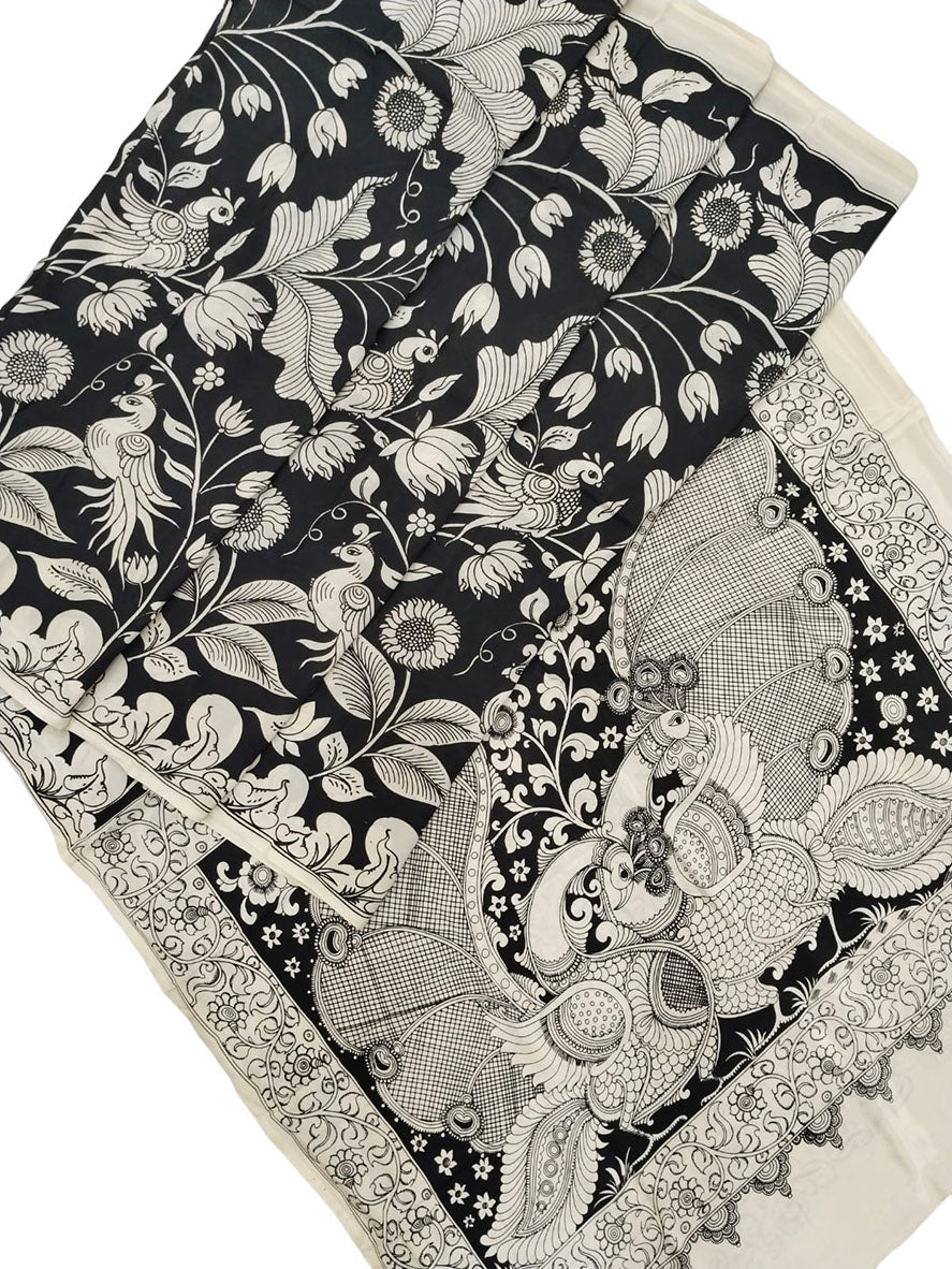 Black And White Hand Painted Kalamkari Chennur Silk Saree - Luxurion World