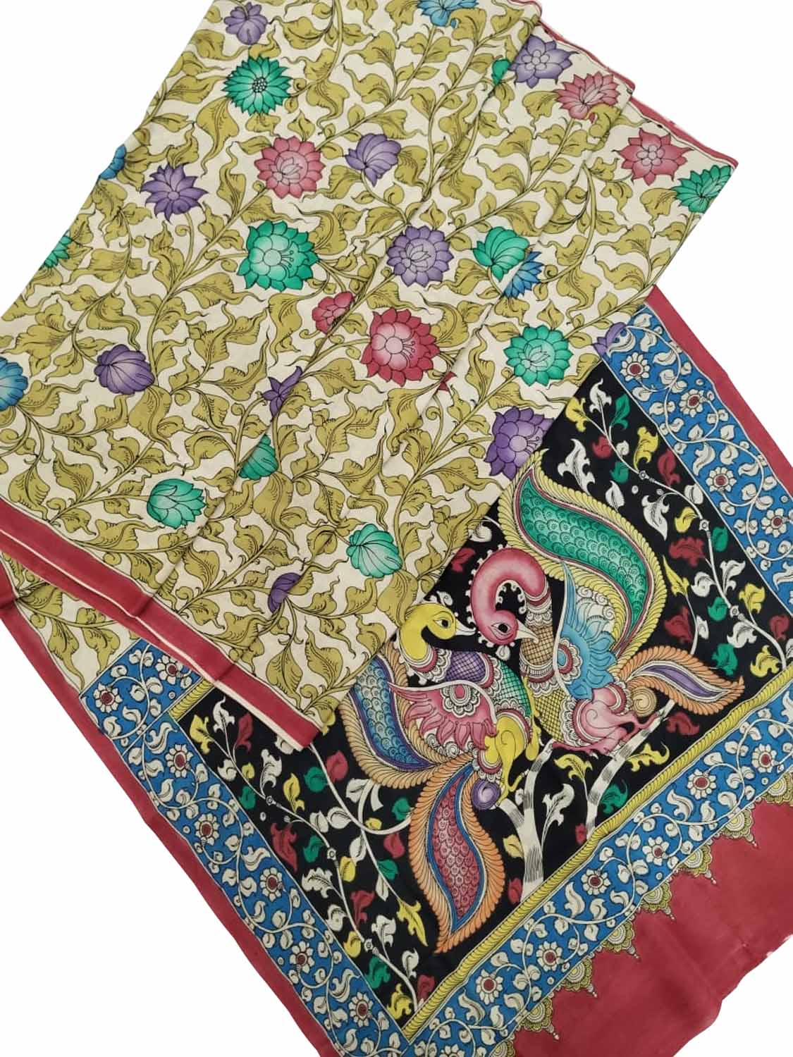 Multicolor Kalamkari Hand Painted Chennur Silk Saree - Luxurion World
