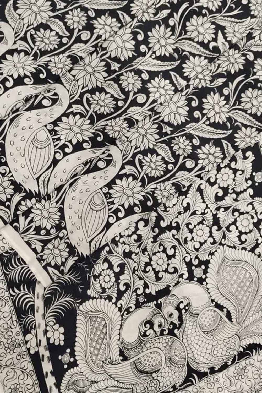 Black And White Kalamkari Hand Painted Bangalore Silk Saree - Luxurion World