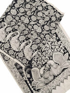 Black And White Kalamkari Hand Painted Bangalore Silk Saree - Luxurion World