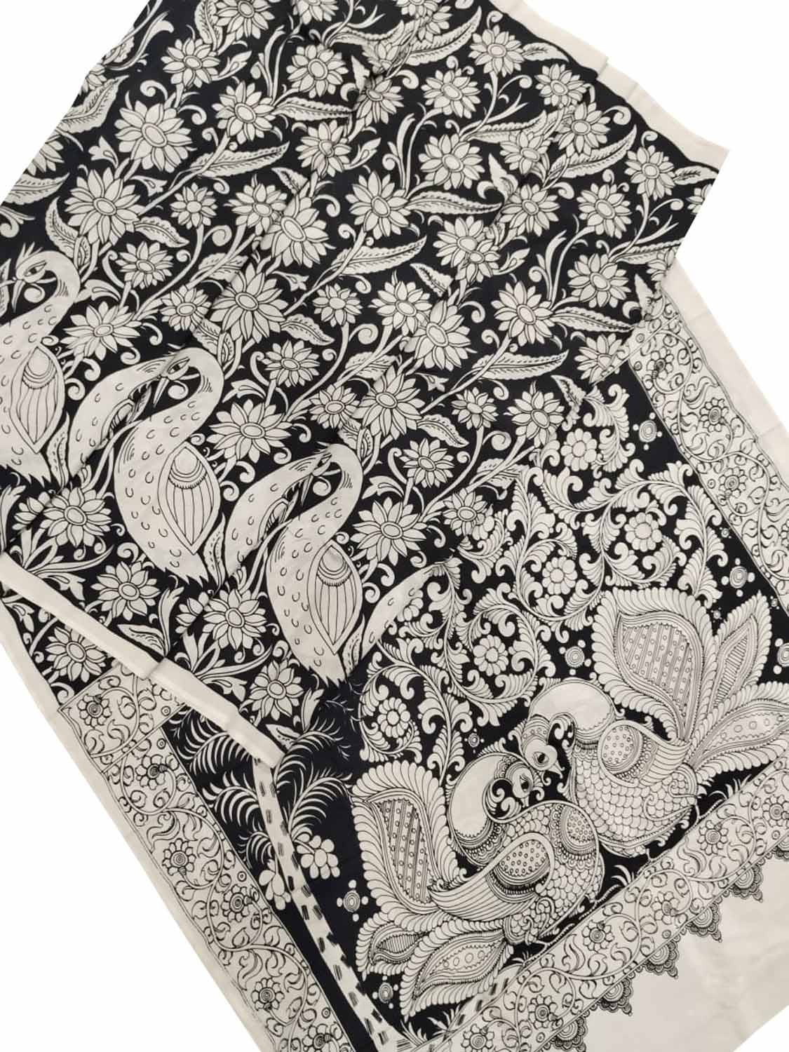 Black And White Kalamkari Hand Painted Bangalore Silk Saree - Luxurion World