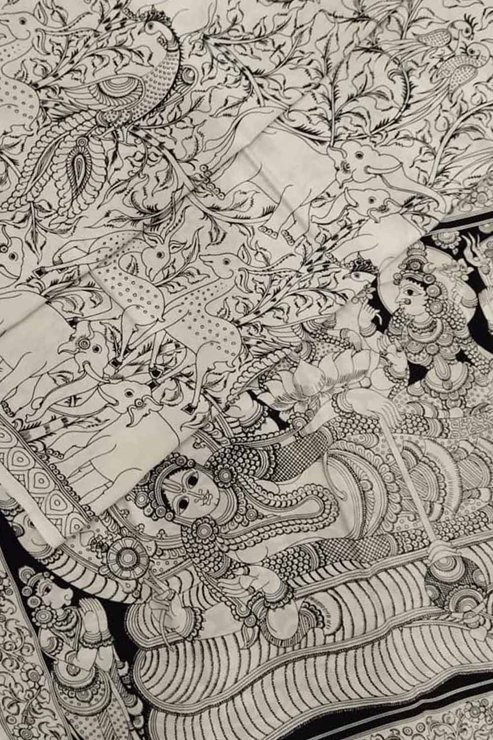 Black And White Kalamkari Hand Painted Bangalore Silk Saree - Luxurion World