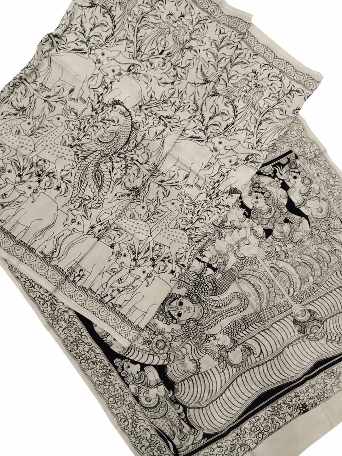 Black And White Kalamkari Hand Painted Bangalore Silk Saree - Luxurion World
