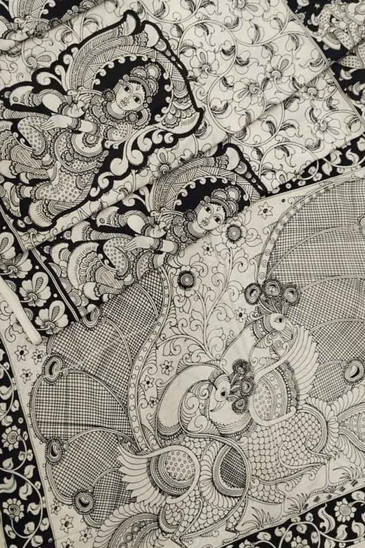 Black And White Kalamkari Hand Painted Bangalore Silk Saree - Luxurion World