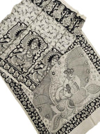 Black And White Kalamkari Hand Painted Bangalore Silk Saree - Luxurion World