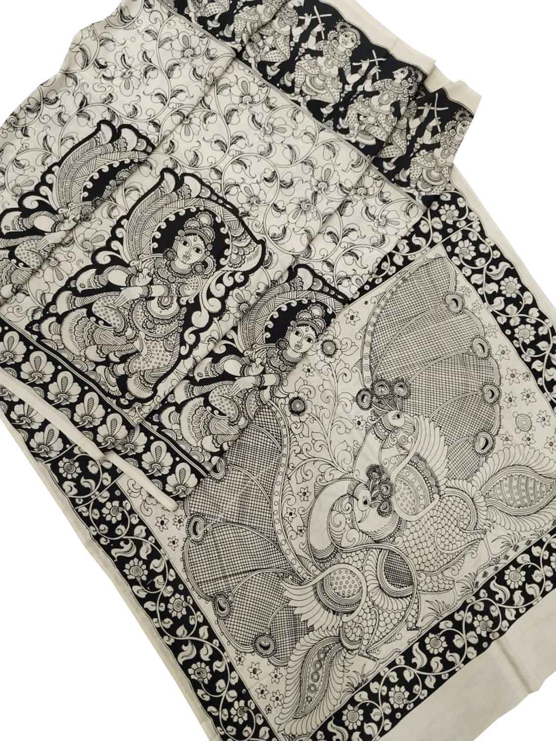 Black And White Kalamkari Hand Painted Bangalore Silk Saree - Luxurion World