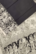 Black And White Kalamkari Hand Painted Bangalore Silk Saree - Luxurion World
