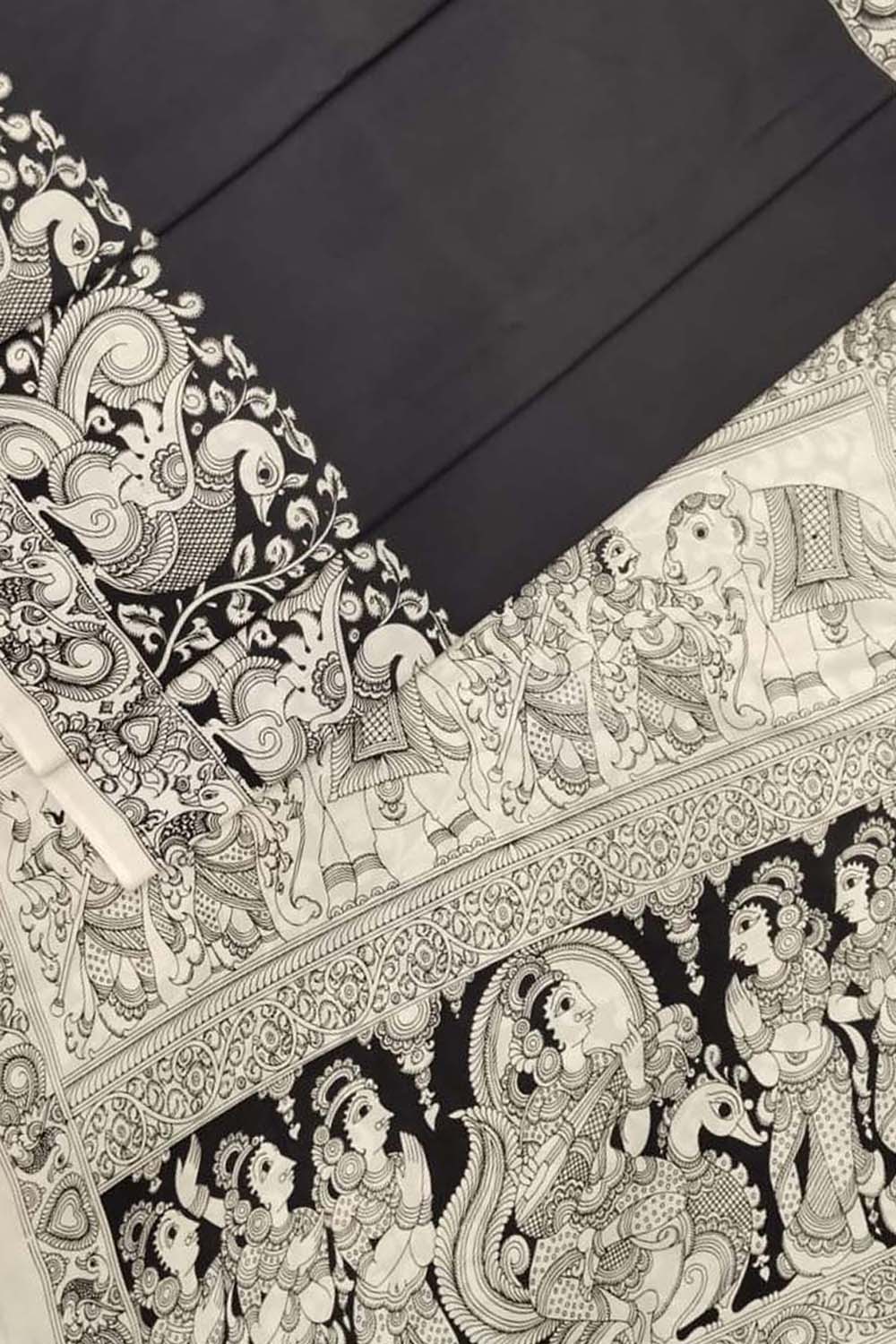 Black And White Kalamkari Hand Painted Bangalore Silk Saree - Luxurion World