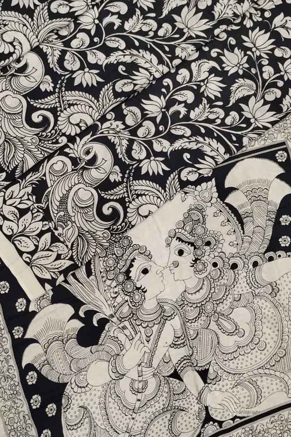 Black And White Kalamkari Hand Painted Bangalore Silk Saree - Luxurion World