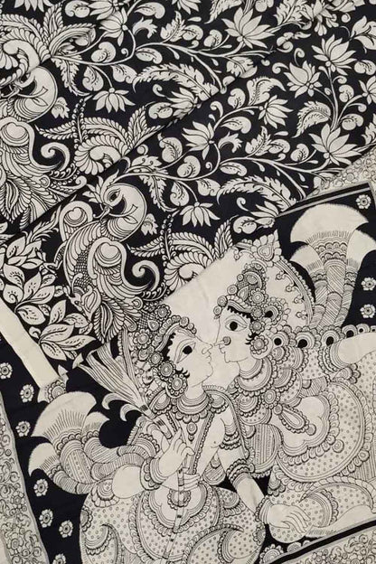 Black And White Kalamkari Hand Painted Bangalore Silk Saree - Luxurion World