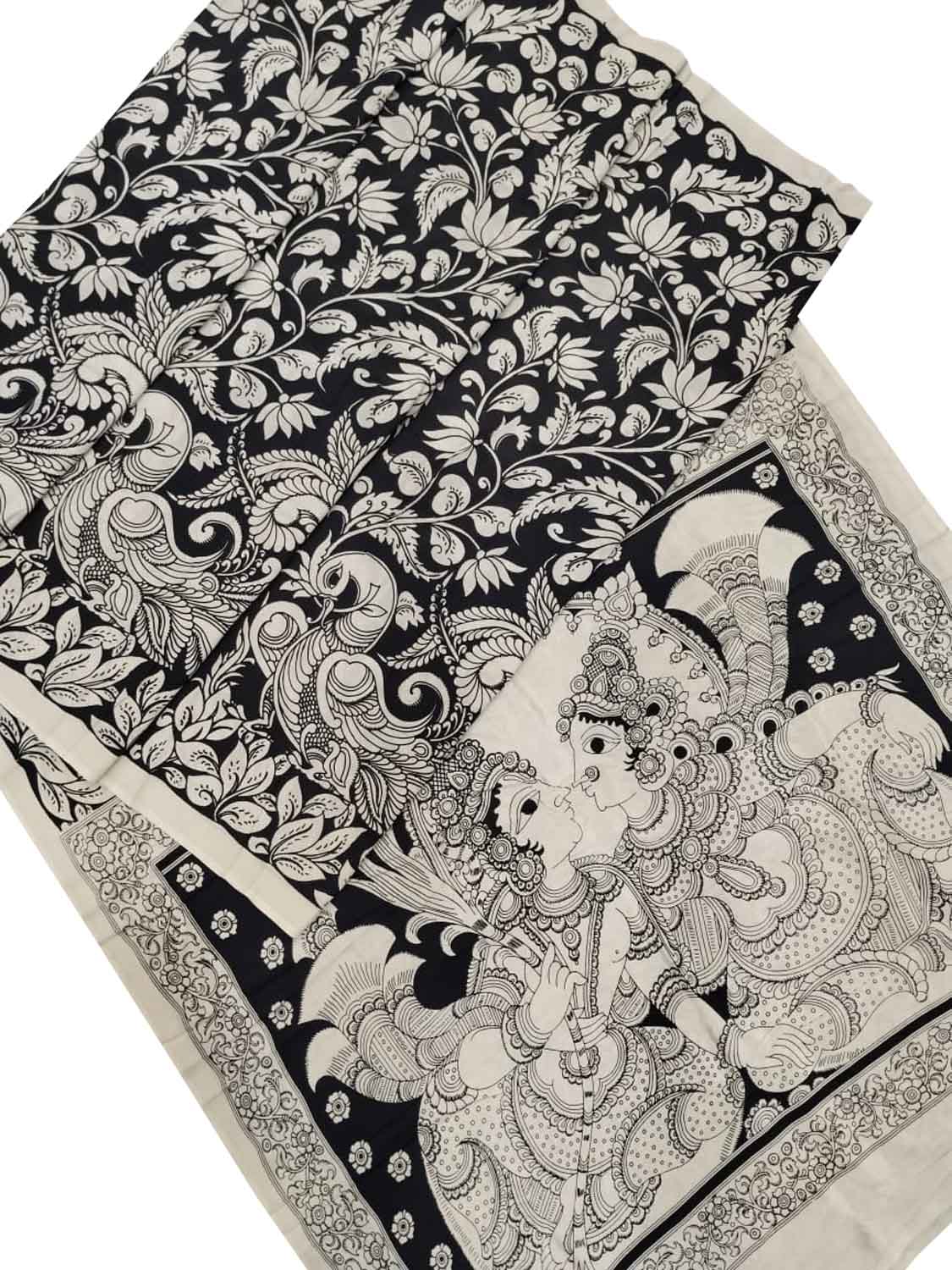 Black And White Kalamkari Hand Painted Bangalore Silk Saree - Luxurion World