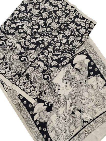 Black And White Kalamkari Hand Painted Bangalore Silk Saree - Luxurion World