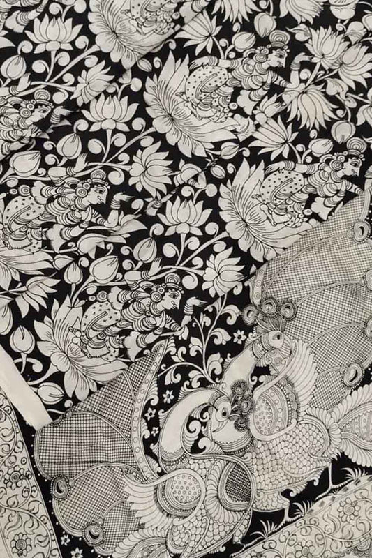 Black And White Kalamkari Hand Painted Bangalore Silk Saree - Luxurion World
