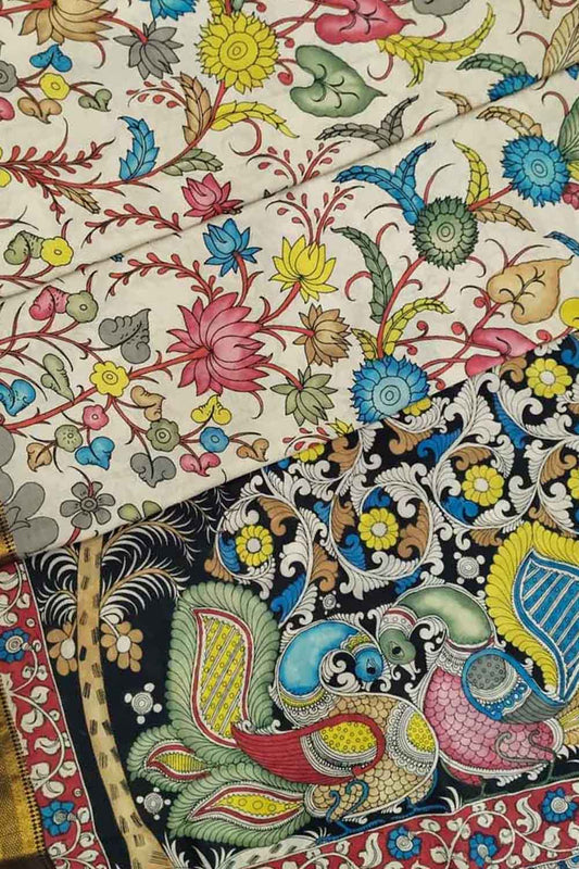 Multicolor Kalamkari Hand Painted Pure Bangalore Silk Saree - Luxurion World