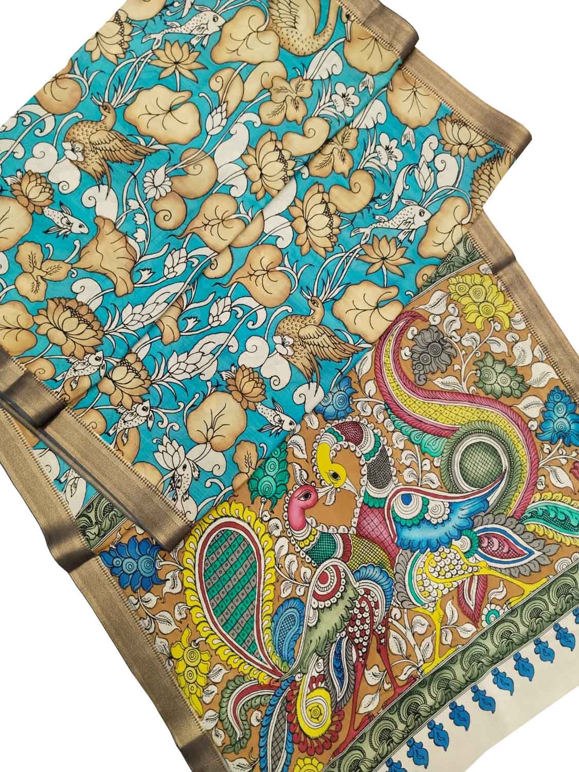 Multicolor Kalamkari Hand Painted Pure Bangalore Silk Saree - Luxurion World