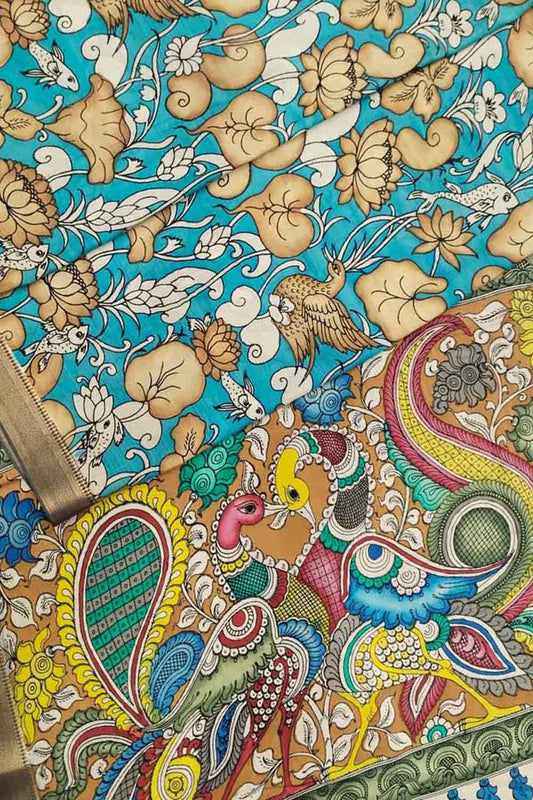 Multicolor Kalamkari Hand Painted Pure Bangalore Silk Saree - Luxurion World