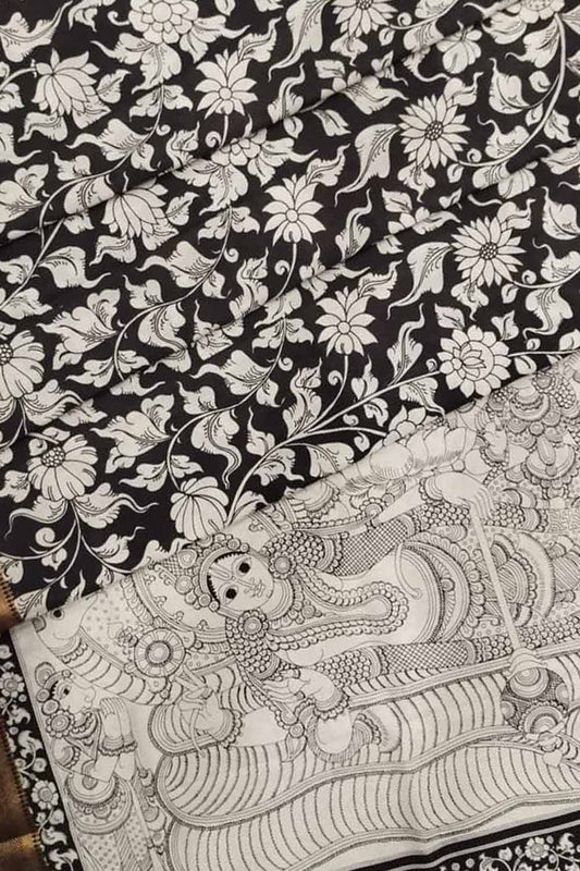 Black And White Kalamkari Hand Painted Pure Bangalore Silk Saree - Luxurion World
