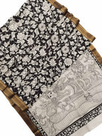 Black And White Kalamkari Hand Painted Pure Bangalore Silk Saree - Luxurion World