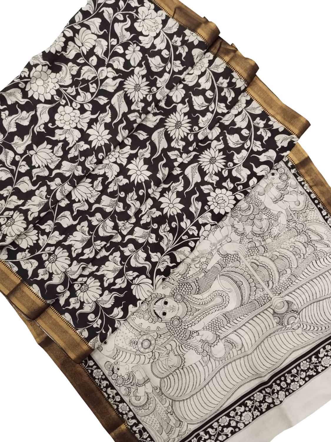 Black And White Kalamkari Hand Painted Pure Bangalore Silk Saree - Luxurion World