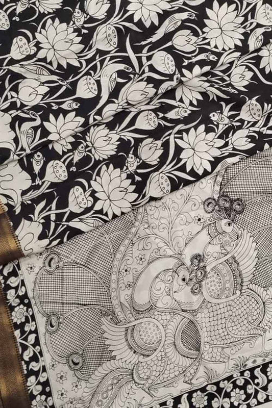 Black And White Kalamkari Hand Painted Pure Bangalore Silk Saree - Luxurion World