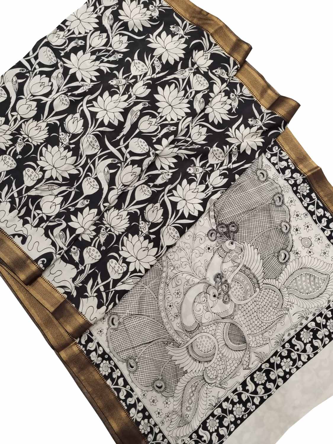 Black And White Kalamkari Hand Painted Pure Bangalore Silk Saree - Luxurion World