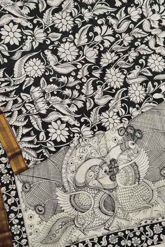 Black And White Kalamkari Hand Painted Pure Bangalore Silk Saree - Luxurion World