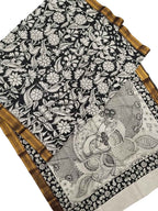 Black And White Kalamkari Hand Painted Pure Bangalore Silk Saree - Luxurion World