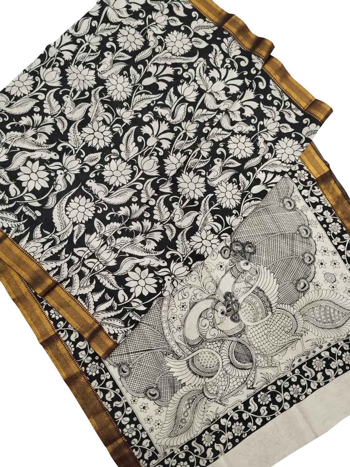 Black And White Kalamkari Hand Painted Pure Bangalore Silk Saree - Luxurion World