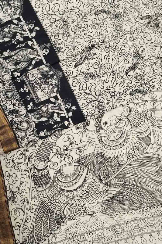 Black And White Kalamkari Hand Painted Pure Bangalore Silk Saree - Luxurion World