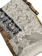 Black And White Kalamkari Hand Painted Pure Bangalore Silk Saree - Luxurion World
