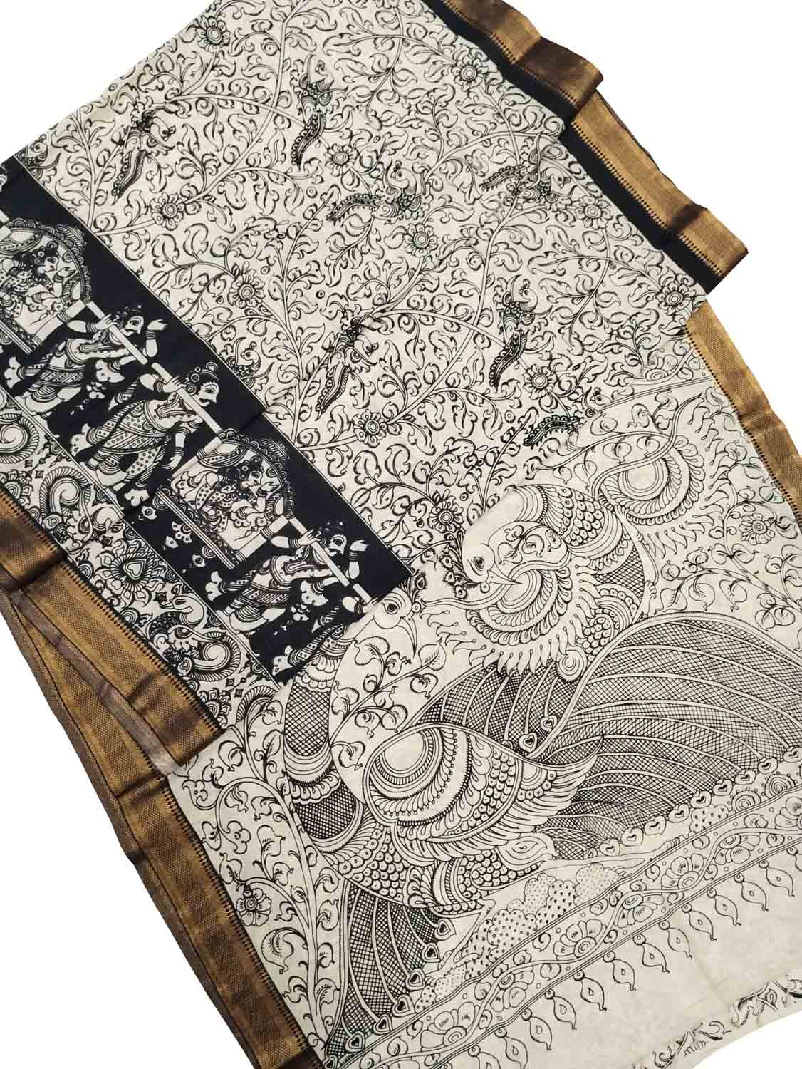Black And White Kalamkari Hand Painted Pure Bangalore Silk Saree - Luxurion World