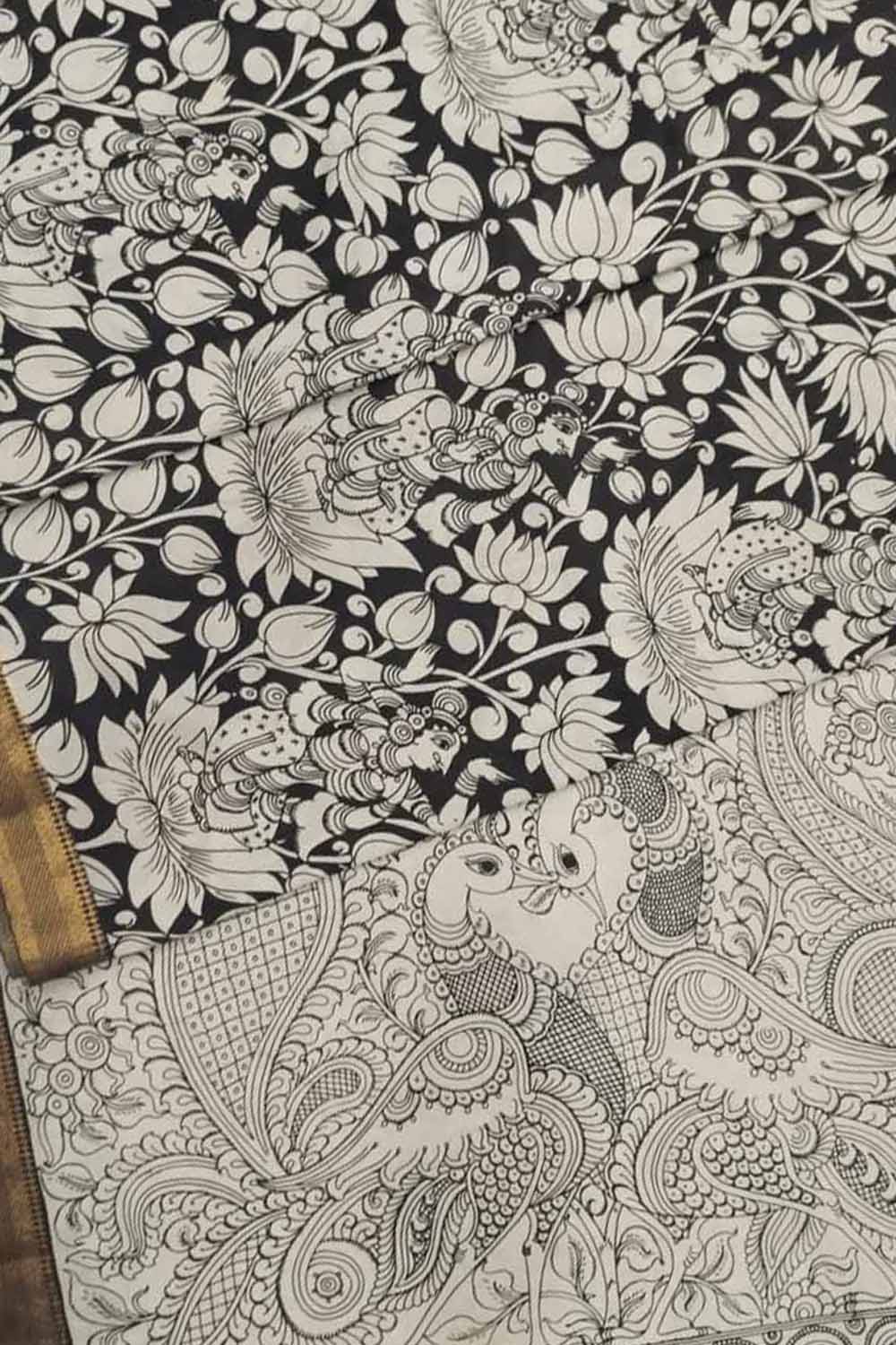 Black And White Kalamkari Hand Painted Pure Bangalore Silk Saree - Luxurion World