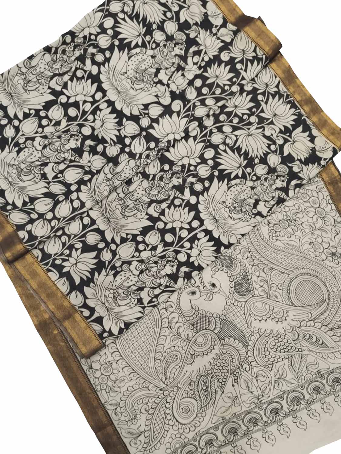 Black And White Kalamkari Hand Painted Pure Bangalore Silk Saree - Luxurion World