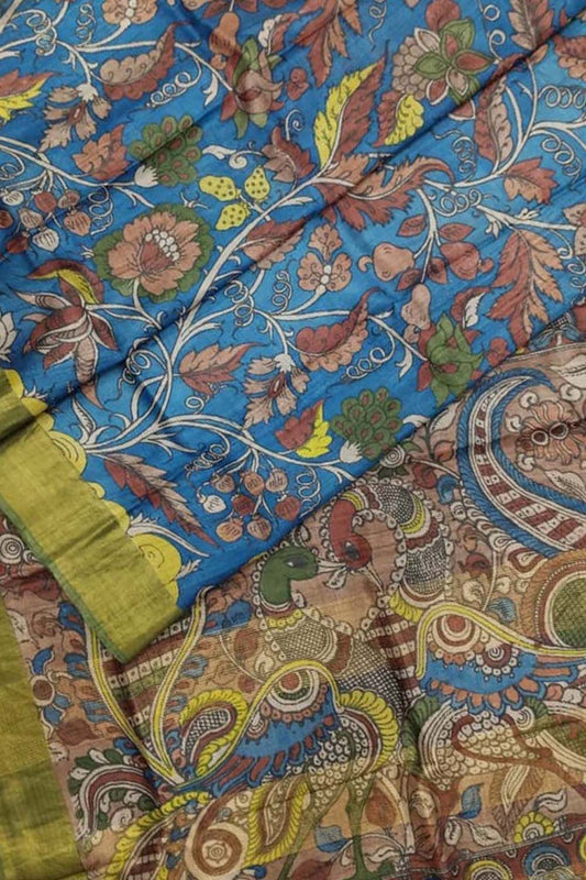 Exquisite Blue Kalamkari Hand Painted Tussar Silk Saree: A Timeless Masterpiece - Luxurion World