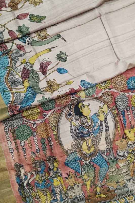 Exquisite Multicolor Kalamkari Hand Painted Tussar Silk Saree - Luxurion World