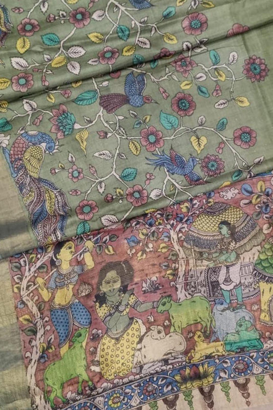 Vibrant Kalamkari Hand Painted Tussar Silk Saree - Luxurion World