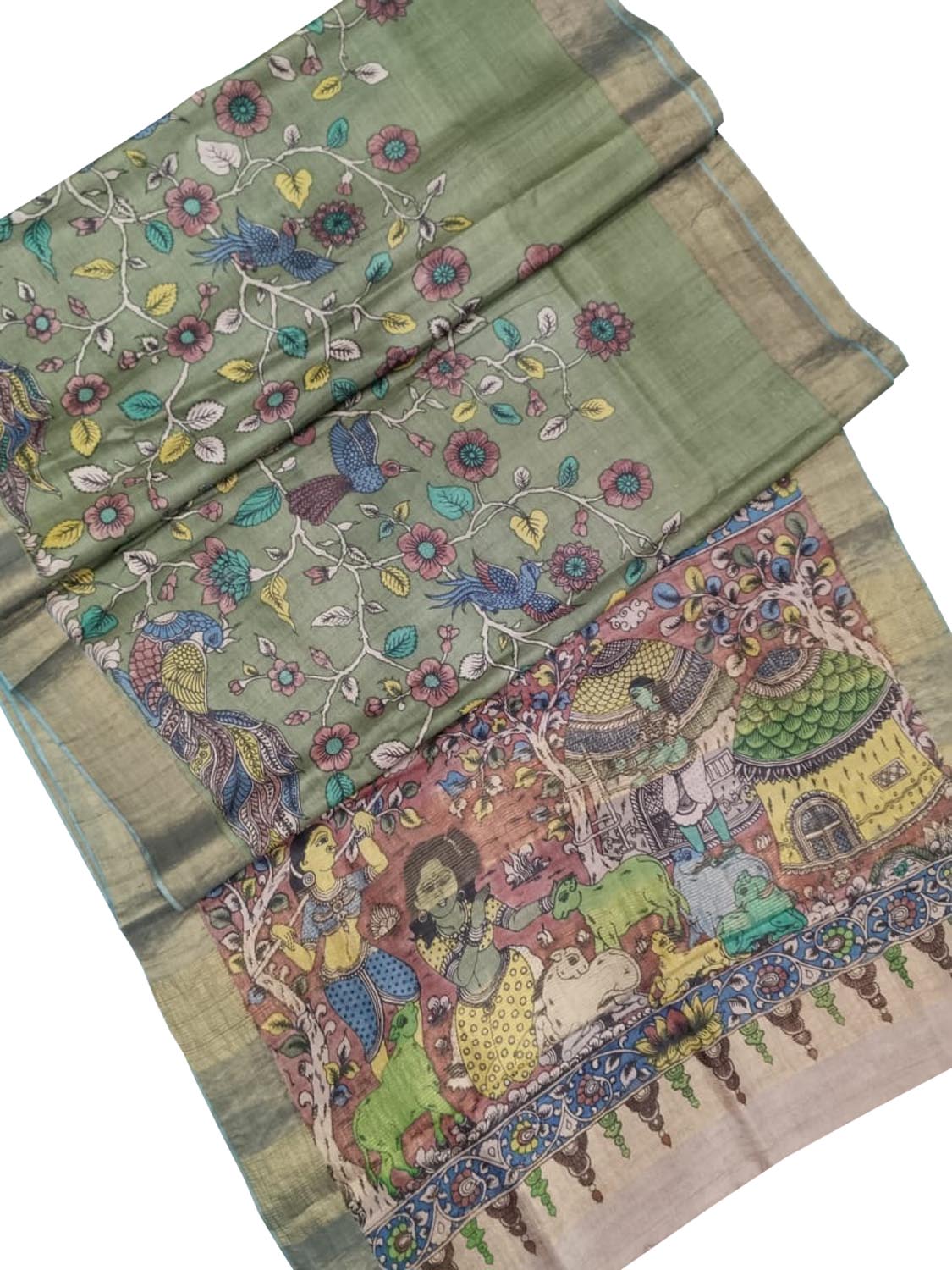 Vibrant Kalamkari Hand Painted Tussar Silk Saree - Luxurion World